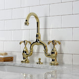 French Country Two-Handle 3-Hole Deck Mount Bridge Bathroom Faucet with Brass Pop-Up