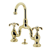 French Country Two-Handle 3-Hole Deck Mount Bridge Bathroom Faucet with Brass Pop-Up