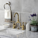 English Country Two-Handle 3-Hole Deck Mount Bridge Bathroom Faucet with Brass Pop-Up