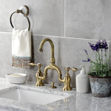 Tudor Two-Handle 3-Hole Deck Mount Bridge Bathroom Faucet with Brass Pop-Up