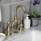 Tudor Two-Handle 3-Hole Deck Mount Bridge Bathroom Faucet with Brass Pop-Up