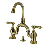 Tudor Two-Handle 3-Hole Deck Mount Bridge Bathroom Faucet with Brass Pop-Up