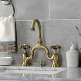 French Country Two-Handle 3-Hole Deck Mount Bridge Bathroom Faucet with Brass Pop-Up