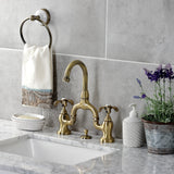 French Country Two-Handle 3-Hole Deck Mount Bridge Bathroom Faucet with Brass Pop-Up