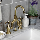 French Country Two-Handle 3-Hole Deck Mount Bridge Bathroom Faucet with Brass Pop-Up