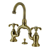 French Country Two-Handle 3-Hole Deck Mount Bridge Bathroom Faucet with Brass Pop-Up