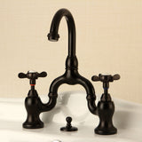 Essex Two-Handle 3-Hole Deck Mount Bridge Bathroom Faucet with Brass Pop-Up