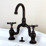 Essex Two-Handle 3-Hole Deck Mount Bridge Bathroom Faucet with Brass Pop-Up