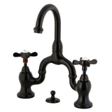 Essex Two-Handle 3-Hole Deck Mount Bridge Bathroom Faucet with Brass Pop-Up