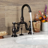 Tudor Two-Handle 3-Hole Deck Mount Bridge Bathroom Faucet with Brass Pop-Up