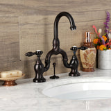 Tudor Two-Handle 3-Hole Deck Mount Bridge Bathroom Faucet with Brass Pop-Up