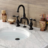 Tudor Two-Handle 3-Hole Deck Mount Bridge Bathroom Faucet with Brass Pop-Up