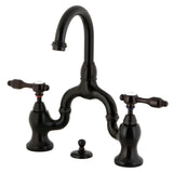 Tudor Two-Handle 3-Hole Deck Mount Bridge Bathroom Faucet with Brass Pop-Up