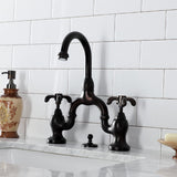 French Country Two-Handle 3-Hole Deck Mount Bridge Bathroom Faucet with Brass Pop-Up