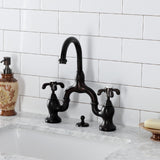 French Country Two-Handle 3-Hole Deck Mount Bridge Bathroom Faucet with Brass Pop-Up