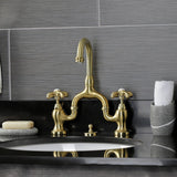 French Country Two-Handle 3-Hole Deck Mount Bridge Bathroom Faucet with Brass Pop-Up