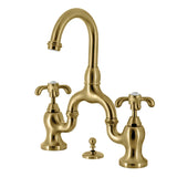 French Country Two-Handle 3-Hole Deck Mount Bridge Bathroom Faucet with Brass Pop-Up