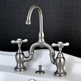 Essex Two-Handle 3-Hole Deck Mount Bridge Bathroom Faucet with Brass Pop-Up