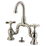 Essex Two-Handle 3-Hole Deck Mount Bridge Bathroom Faucet with Brass Pop-Up