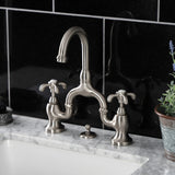 French Country Two-Handle 3-Hole Deck Mount Bridge Bathroom Faucet with Brass Pop-Up