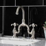 French Country Two-Handle 3-Hole Deck Mount Bridge Bathroom Faucet with Brass Pop-Up