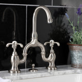 French Country Two-Handle 3-Hole Deck Mount Bridge Bathroom Faucet with Brass Pop-Up