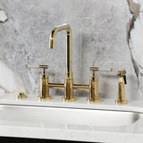 Kaiser Two-Handle 4-Hole Deck Mount Bridge Kitchen Faucet with Brass Side Sprayer