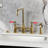 Kaiser Two-Handle 4-Hole Deck Mount Bridge Kitchen Faucet with Brass Side Sprayer