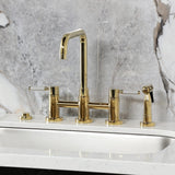 Kaiser Two-Handle 4-Hole Deck Mount Bridge Kitchen Faucet with Brass Side Sprayer