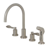 Two-Handle 4-Hole Deck Mount Widespread Kitchen Faucet with Plastic Sprayer