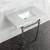 Templeton 30-Inch Carrara Marble Console Sink with Brass Legs (8-Inch, 3-Hole)