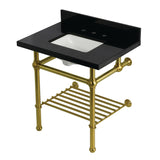 Templeton 30-Inch Black Granite Console Sink with Brass Legs and Shelf (8-Inch, 3-Hole)