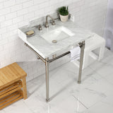 Wesselman 30-Inch Carrara Marble Console Sink with Stainless Steel Legs (8-Inch, 3-Hole)