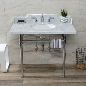 Wesselman 36-Inch Carrara Marble Console Sink with Stainless Steel Legs (8-Inch, 3-Hole)