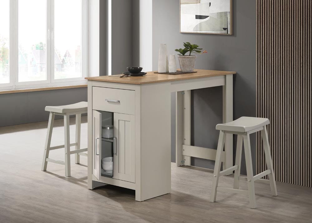 Alonzo Light Gray Small Space Counter Height Dining Table with Cabinet Drawer and 2 Ergonomic Counter Stools