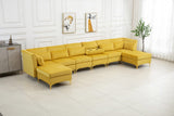 Jaka Yellow Woven Fabric 6-Seater Sofa with Dropdown Table and Ottoman