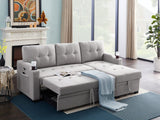 Mabel Light Gray Linen Fabric Sleeper Sectional with cupholder, USB charging port and pocket