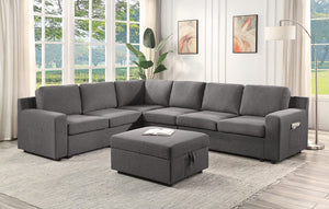 Waylon Gray Linen 7-Seater L-Shape Sectional Sofa with Storage Ottoman and Pockets