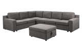 Waylon Gray Linen 7-Seater L-Shape Sectional Sofa with Storage Ottoman and Pockets