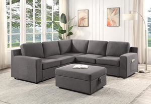 Waylon Gray Linen 6-Seater L-Shape Sectional Sofa with Storage Ottoman and Pockets