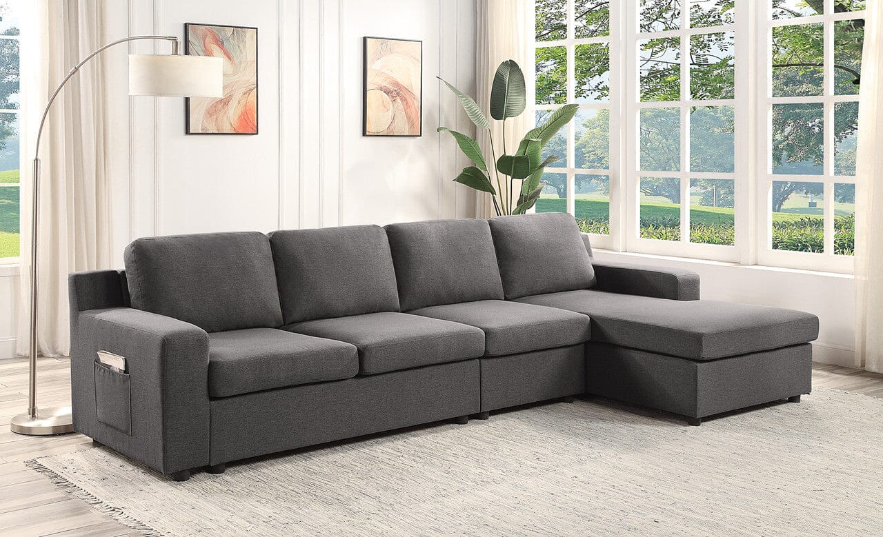 Waylon Gray Linen 4-Seater Sectional Sofa Chaise with Pocket ...