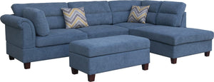 Diego Blue Fabric Sectional Sofa with Right Facing Chaise, Storage Ottoman, and 2 Accent Pillows