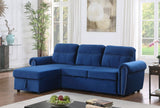 Ashton Blue Velvet Fabric Reversible Sleeper Sectional Sofa Chaise