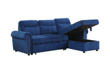 Ashton Blue Velvet Fabric Reversible Sleeper Sectional Sofa Chaise