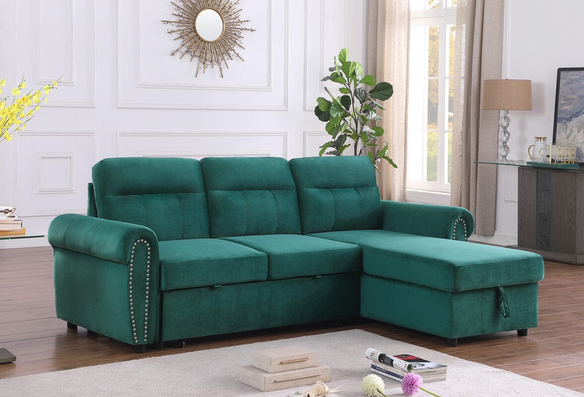 Ashton Green Velvet Fabric Reversible Sleeper Sectional Sofa Chaise   87800 GN Lifestyle 