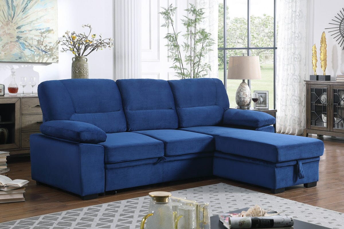 Kipling Blue Velvet Fabric Reversible Sleeper Sectional Sofa Chaise ...