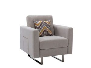 Victoria Beige Linen Fabric Armchair with Metal Legs, Side Pockets, and Pillow