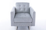 Victoria Light Gray Linen Fabric Armchair with Metal Legs, Side Pockets, and Pillow