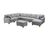 Faith Light Gray Linen 8Pc Modular L-Shape Sectional Sofa Chaise and Ottoman