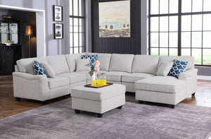 Leo Light Gray Linen 7Pc Modular L-Shape Sectional Sofa Chaise and Ottoman